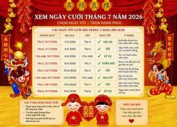 Chi tiết xem ngày cưới tốt nhất tháng 7-2026 Bính Ngọ cho 12 con giáp