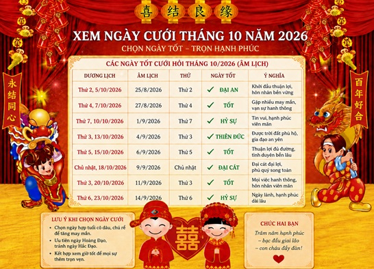 Chi tiết xem ngày cưới tốt nhất tháng 10-2026 Bính Ngọ cho 12 con giáp