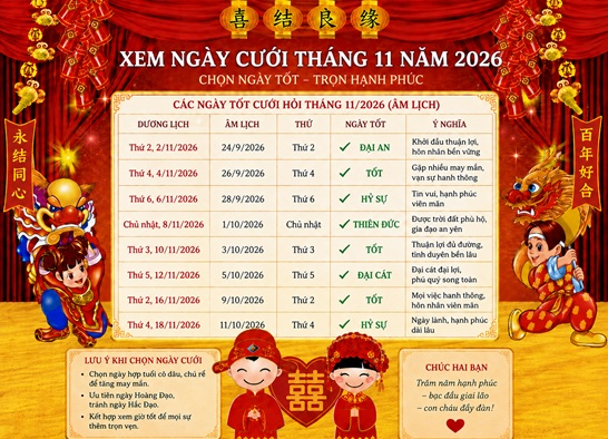 Chi tiết xem ngày cưới tốt nhất tháng 11/2026 Bính Ngọ cho 12 con giáp