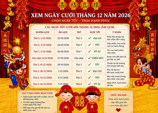 Chi tiết xem ngày cưới tốt nhất tháng 12/2026 Bính Ngọ cho 12 con giáp