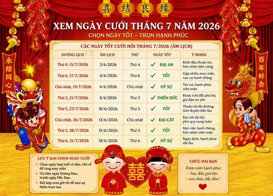 Chi tiết xem ngày cưới tốt nhất tháng 7-2026 Bính Ngọ cho 12 con giáp