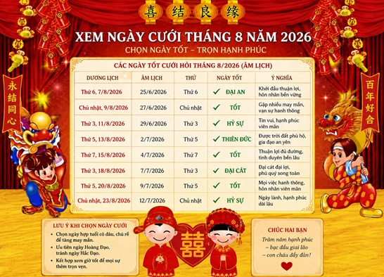 Chi tiết xem ngày cưới tốt nhất tháng 8-2026 Bính Ngọ cho 12 con giáp