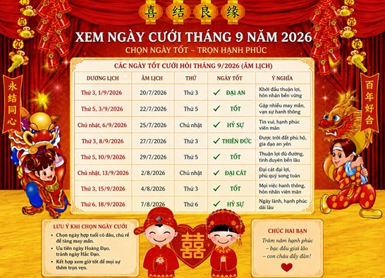 Chi tiết xem ngày cưới tốt nhất tháng 9-2026 Bính Ngọ cho 12 con giáp